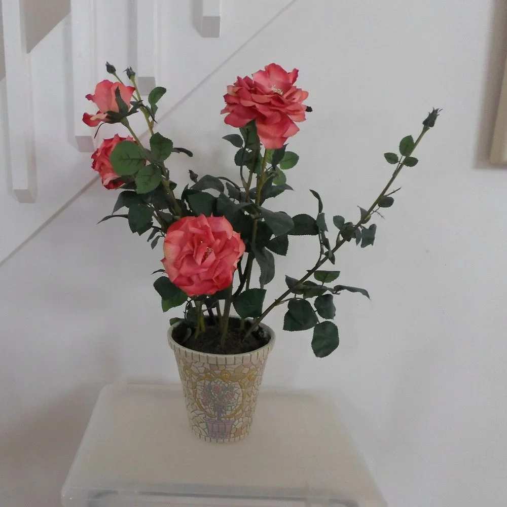 Roses in a Mosaic Planter Floral Arrangement
